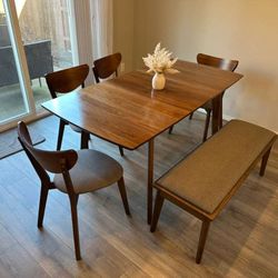Brown Wooden Extendable Table with 4 Chairs and Bench