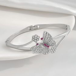 Silver Alloy Steel Butterfly Rhinestone Hinged Bangle Bracelet with Fold Over Clasp, Cubic Zirconia & Pink Crystals, Teens Women Girls *NEW In Pack*
