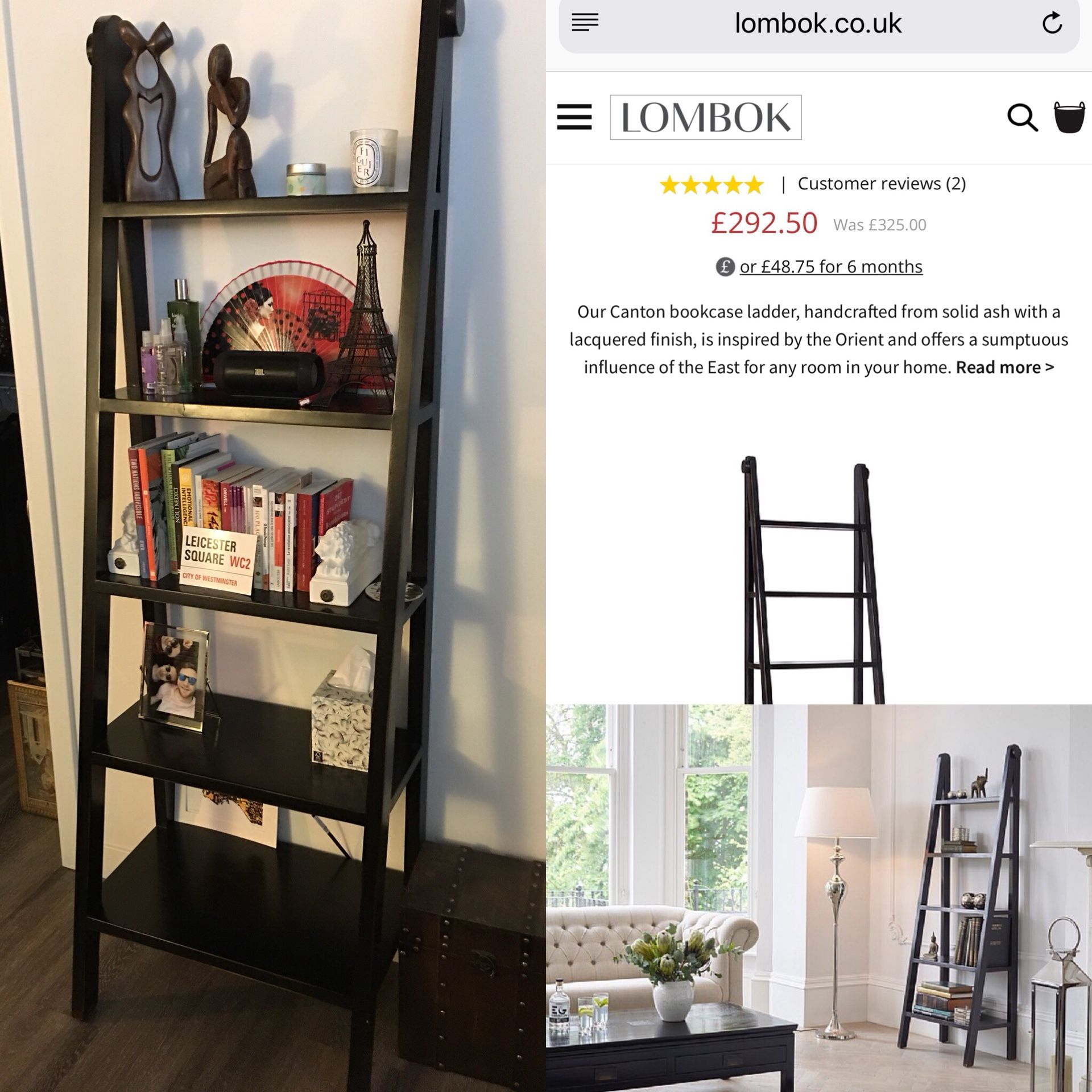 Beautiful Canton ladder bookcase in deep espresso/black solid ash wood