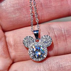1 Carat Moissanite 18kt White Gold Plated Sterling Silver Mickey Mouse Pendant Necklace