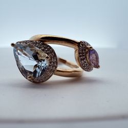 14K Gold & Diamond & Aquamarine & Tanzanite Halo Ring