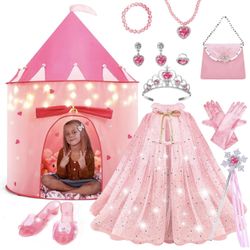 15Pcs Princess Castle Play Tent Dress Up with LED Glow in The Dark Stars for Little Girls－Princess Dress Up Cape with Crown,Girl Play Tent/House Toy f