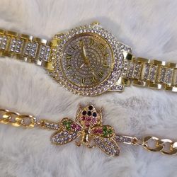 Women Watch & 2 Bracelets Set, Fly?, Gold Color