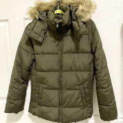 Old Navy Olive Puffer Jacket With Faux Fur Good, Size S Petite