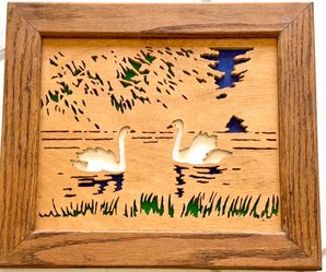 3D Intarsia Solid Wood Swan Wall Art-Handmade Scroll Saw Wildlife Scene Framed-Vintage!
