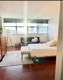 CB2 QUEEN BED FRAME + UPHOLSTERED BEDROOM BENCH