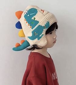 🦕 New! Kids Dinosaur Tail Warm Knitted Beanie Double Layered