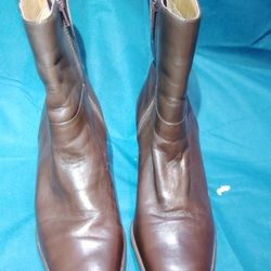 7/12 EASY SPIRIT “FRANCHISES” BROWN LEATHER STOCKED BLOCK HEEL ANKLE BOOTS 