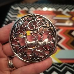 Sarah Coventry jewelry, vintage reindeer winter scene large brooch, pin 2 3/4 " x 2 3/4"