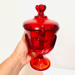 VTG VIKING Ruby Red Epic 6 Petal Compote Pedestal Candy Jar MCM 1950s-60s 8” T