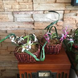2 Artificial Flowers In Wicker Baskets 