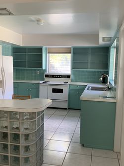 Vintage Kitchen Tiffany Blue Cabinets And Stove