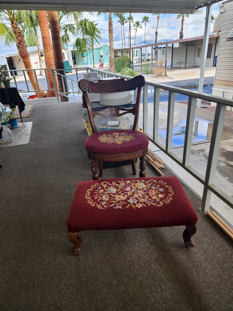 Antique NEEDLEPOINT CHAIR AND STOOL