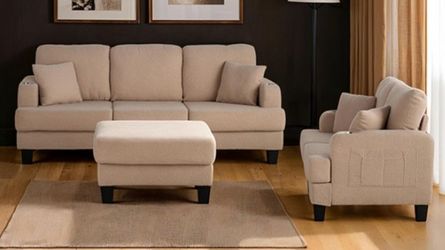 Brand New Beige Sofa & Loveseat w Storage Ottoman