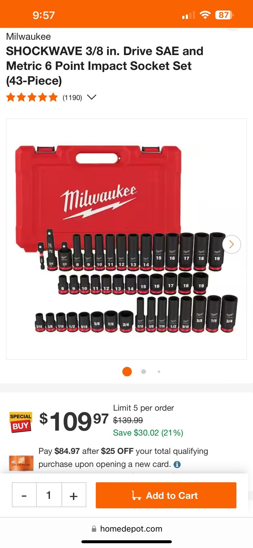 Milwaukee SHOCKWAVE 3/8 in. Drive SAE and Metric 6 Point Impact Socket Set (43-Piece) Firm Price