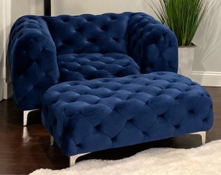 Navy Blue Velvet Tufted Chaise Lounge Chair