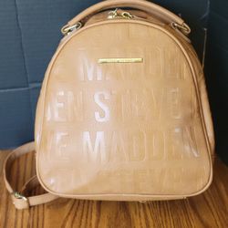 Steve Madden Mini Backpack Purse With Logo Design Tan Faux Leather Adj Straps