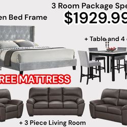NEW 3 ROOM PACKAGE DEAL - BED MATTRESS DINING ROOM SECTIONAL RECLINING SOFA - SPECIAL FINANCING AVAILABLE 