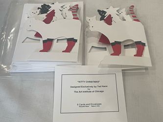 Vintage pop-up Christmas cards “Kitty Christmas” designed by Ted Naos for The Art Institute of Chicago. 8 cards & envelopes