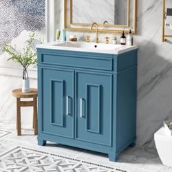 NEW Blue 30 in. Freestanding Bath Vanity with White Resin Sink Top with Storage Shelf, Solid Wood Frame