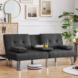 Modern Fabric Upholstered Futon with 2 Throw Pillows, Dark Gray