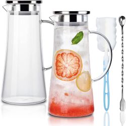 1.4 Liter 47 Ounces High Borosilicate Glass Carafe/Pitcher Set of 2 with Stainless Steel Flip-top Lid,Hot/Cold Water Jug,Juice/Iced Tea,Wine,Coffee,Mi