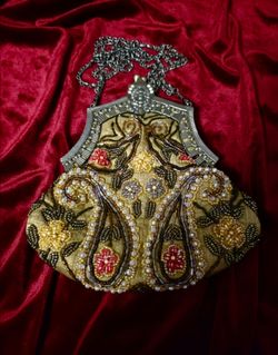 1900s Glass Bead Ornate Metal Filigree Frame Purse Made in Belgium