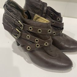 Report Brown Buckle Bootie Heels, Size 11