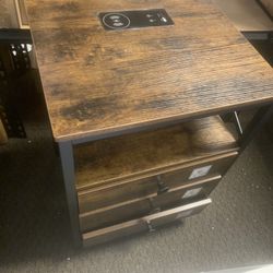 LED Nightstand with Charging Station, End Side Tables with USB Port & Outlet, Bedside Tables with Fabric Drawers for Bedroom Living Room, Rustic Brown