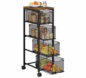 4-Tier Rolling Kitchen Storage Cart – Pull-Out Baskets, Wood Top