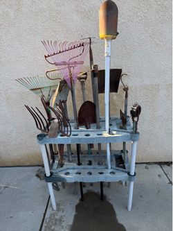 Lot of Weathered Garden Tools + Tool Rack – $10 for Everything