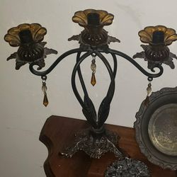 VINTAGE IRON METAL AMBER BEADED CANDELABRA CANDLE HOLDER CENTERPIECE DISPLAY TABLE DECOR