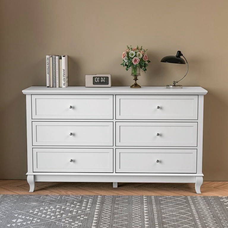 6 Drawer Dresser, Wood Double Dresser Chest of Drawer Storage Organizer Unit for Bedroom Living Room, White 