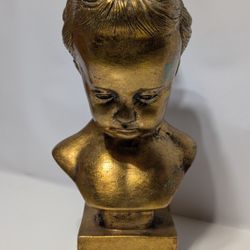 Vintage Gold-Tone Resin Bust Statue of Young Girl with Topknot Hair 16 Inch

