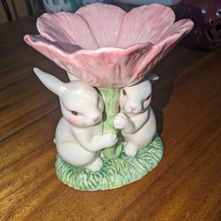Cosmos Gifts Bunnies Holding Up Flower Ceramic Candlestick