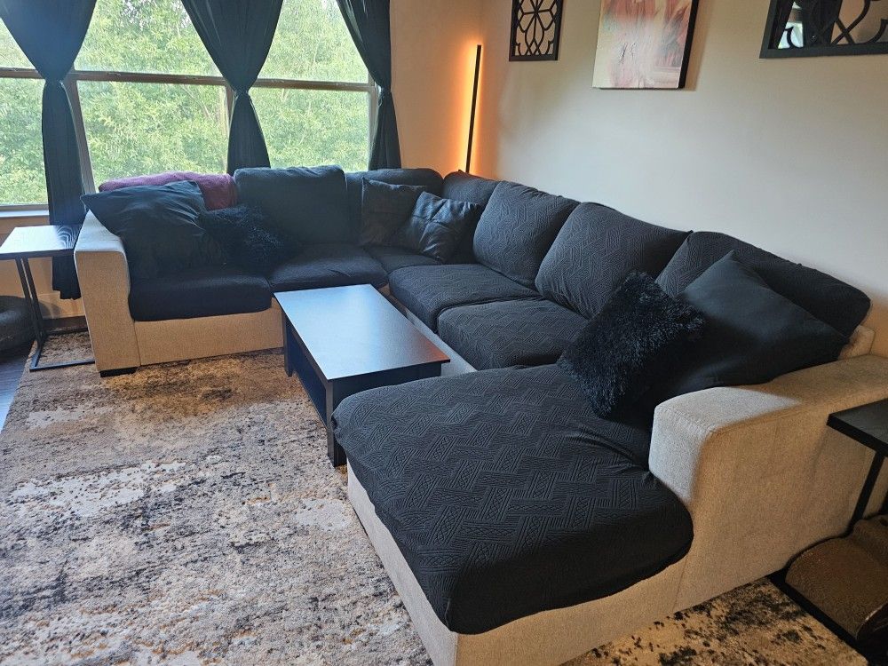 Large Grey Pullout Sectional With Cushion Covers