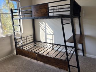 Metal Bunk Bed Frame with Desk and Drawers