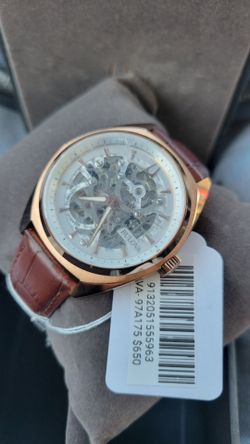 Bulova Surveyor Leather Strap  Silver Skeleton Dial Automatic 97A175 Men's Watch