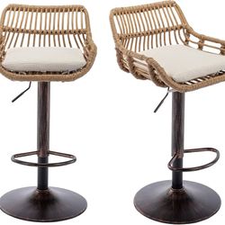 Rattan bar stools, adjustable bar stools with linen cushion, 360° swivel bar stools with low backrest and footrest, classic bar stools set of 2 for ki