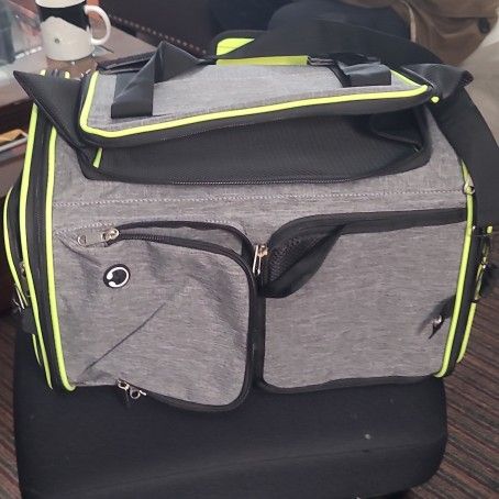 Gray Soft-Sided Dog Carrier Fabric Neon Trim Multiple Zippered Compartments Tote