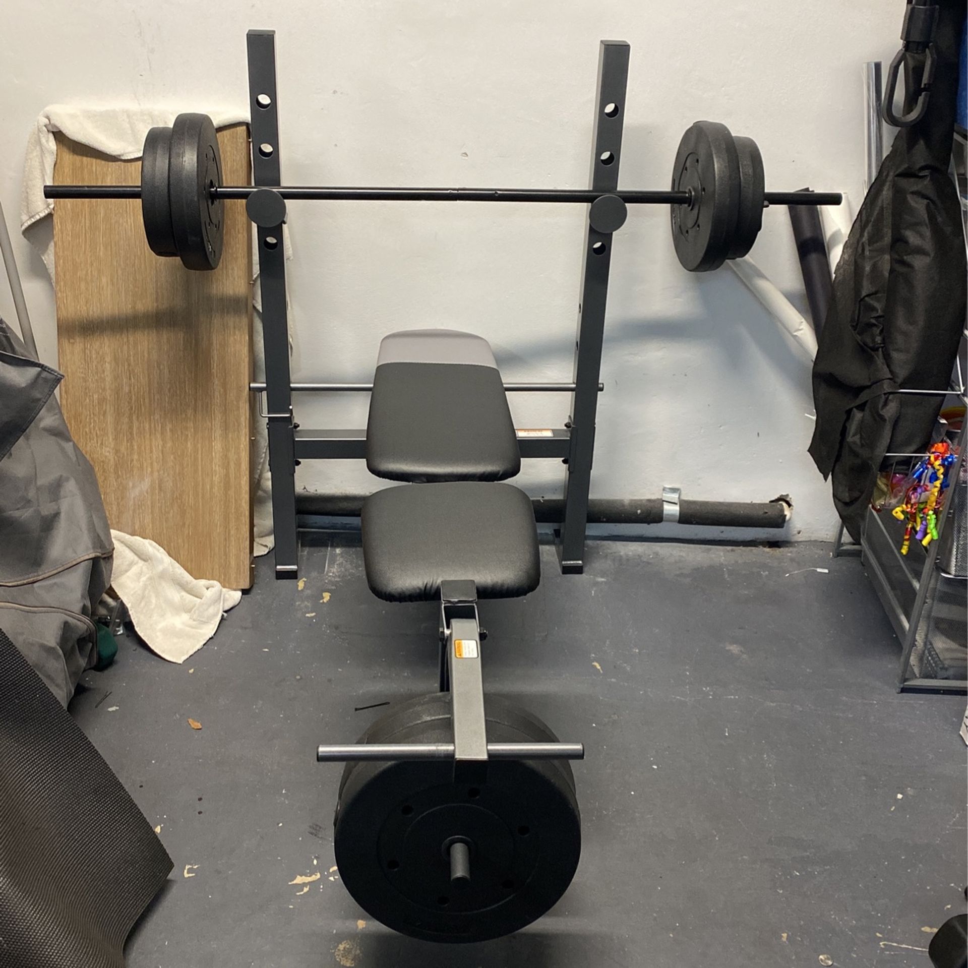 Gym Equipment, Bench Press, Weights And Bar 