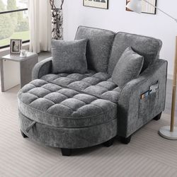 Two-Seater Chaise Longue Sofa with Storage Footrest, Irregular Armrests & Throw Pillows for Living Room & Bedroom