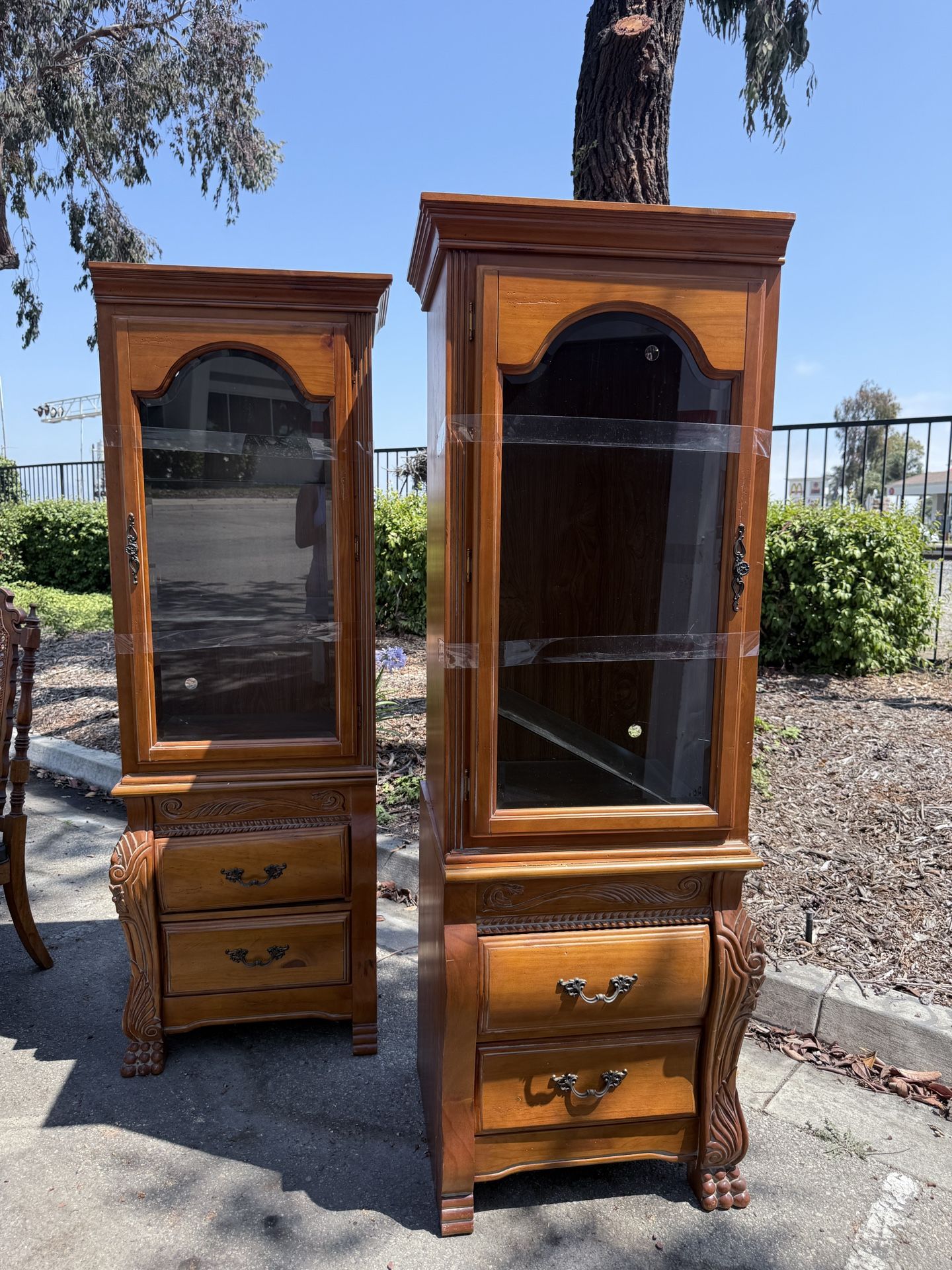 Vintage Wood & Glass Display Cabinets with Storage Drawers – Matching Pair!