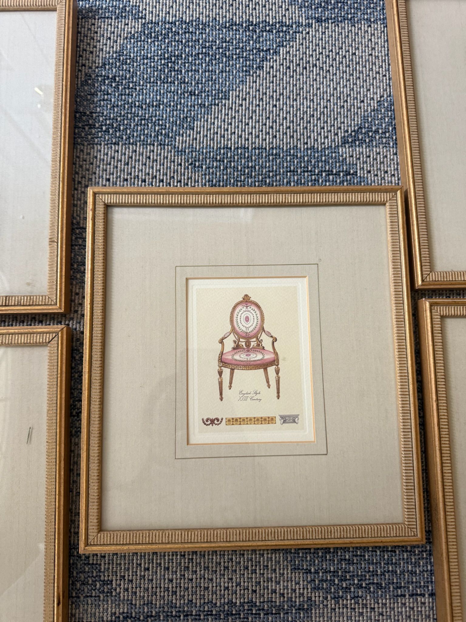 Lot of 5 vintage gold framed matted fancy arm chair pictures Italian English p/u Jamison, Pa 11”x12” frames