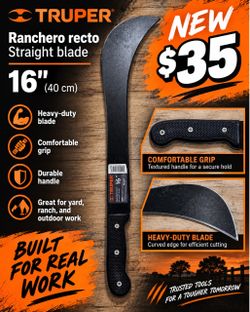 $35 New TRUPER 16” Ranchero Recto Straight Blade Machete