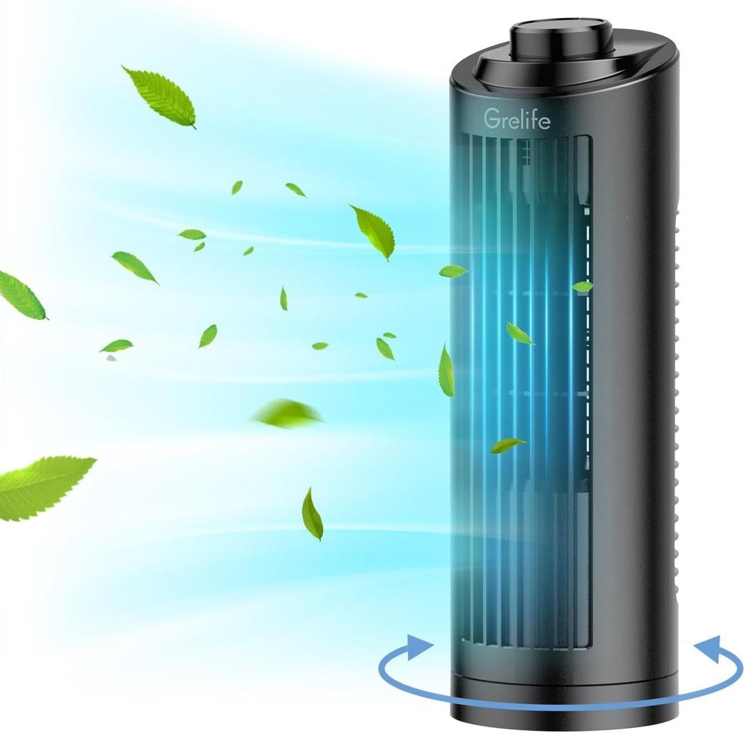 Grelife 13'' Tower Fan, Bladeless Desk Fan with 3 Speeds, Quiet Cooling, 70° Oscillation Table Fan, Compact and Portable- Ideal for Bedroom, Home Offi
