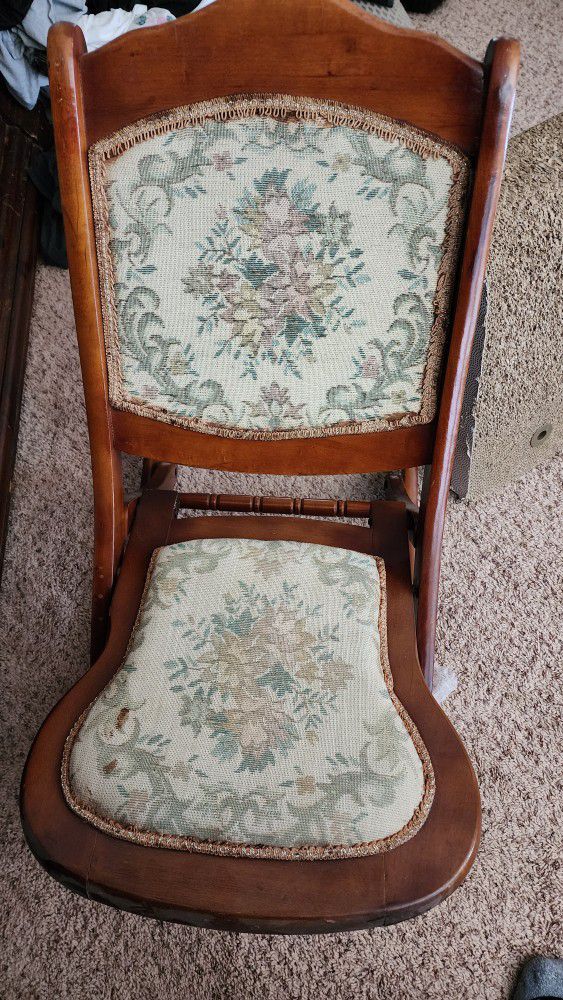 Antique Victorian Tapestry Carved Wood Folding Rocking Chair 