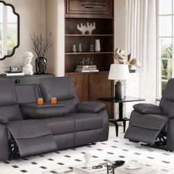 Recliner (Set of 2pc), Genuine Leather, Recliner Chair, 3-Seater Sofa Couch