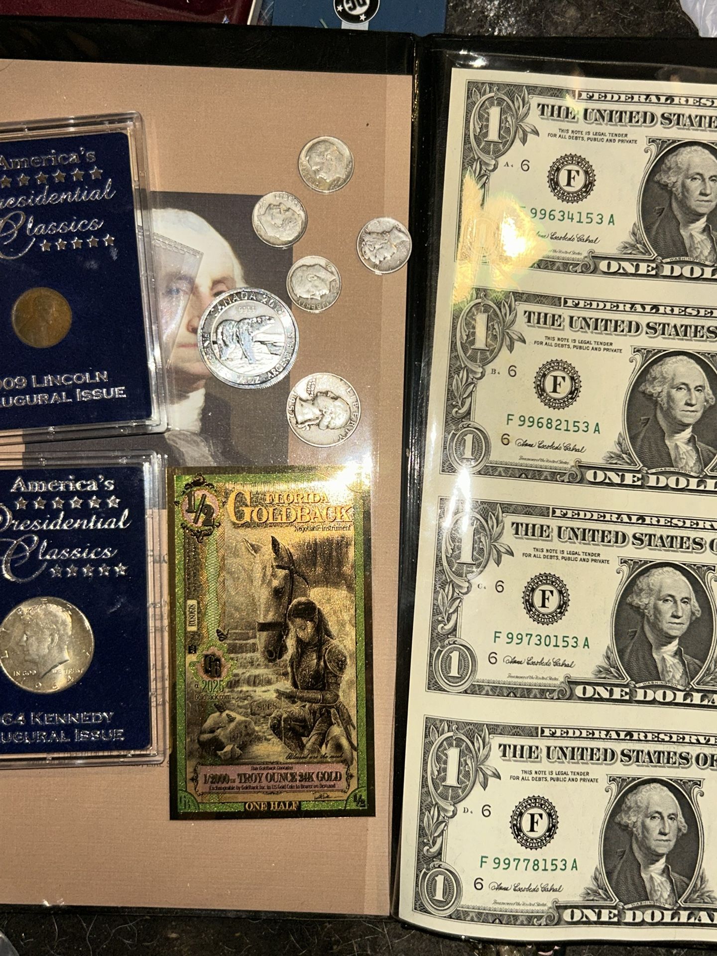 One dollar bank notes uncut five individual 1(contact info removed) penny some other silver an