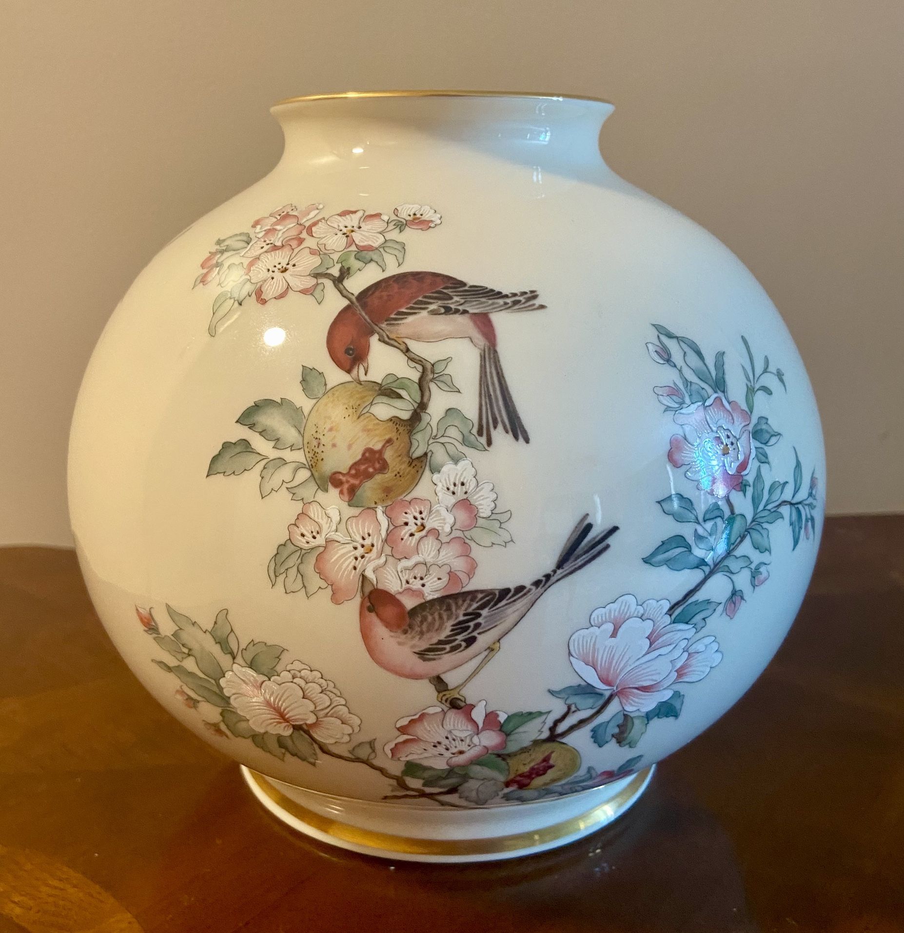 Vintage Lenox Serenade Bone China Globe Vase, Large 7", Ivory with 24k gold trim, Dogwood and Cardinal Design, Floral and Bird Spring Vase